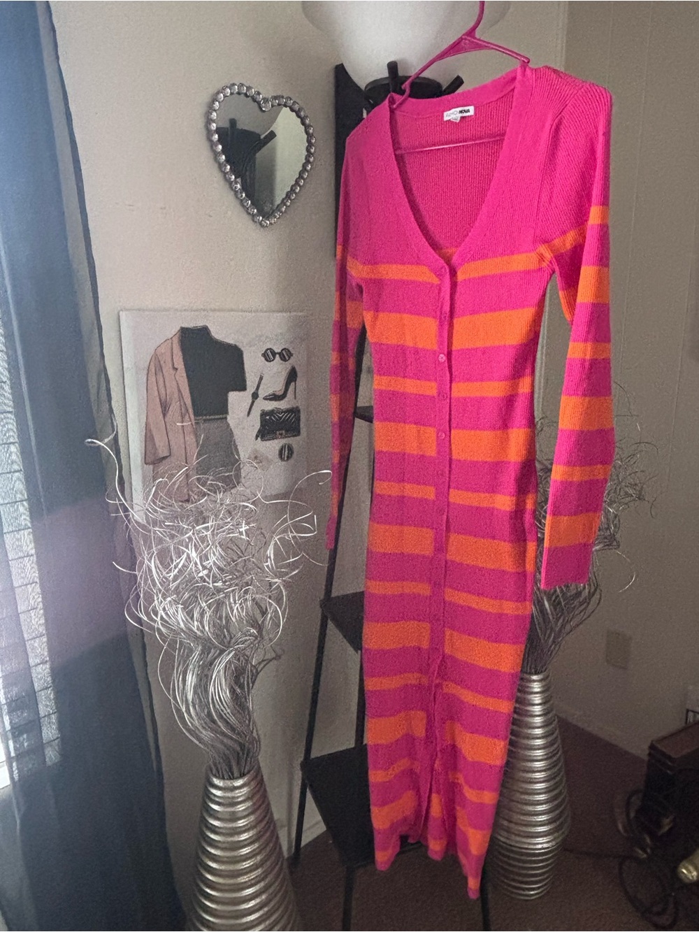 Fashion Nova Pink and Orange Striped Button-Front Maxi Dress